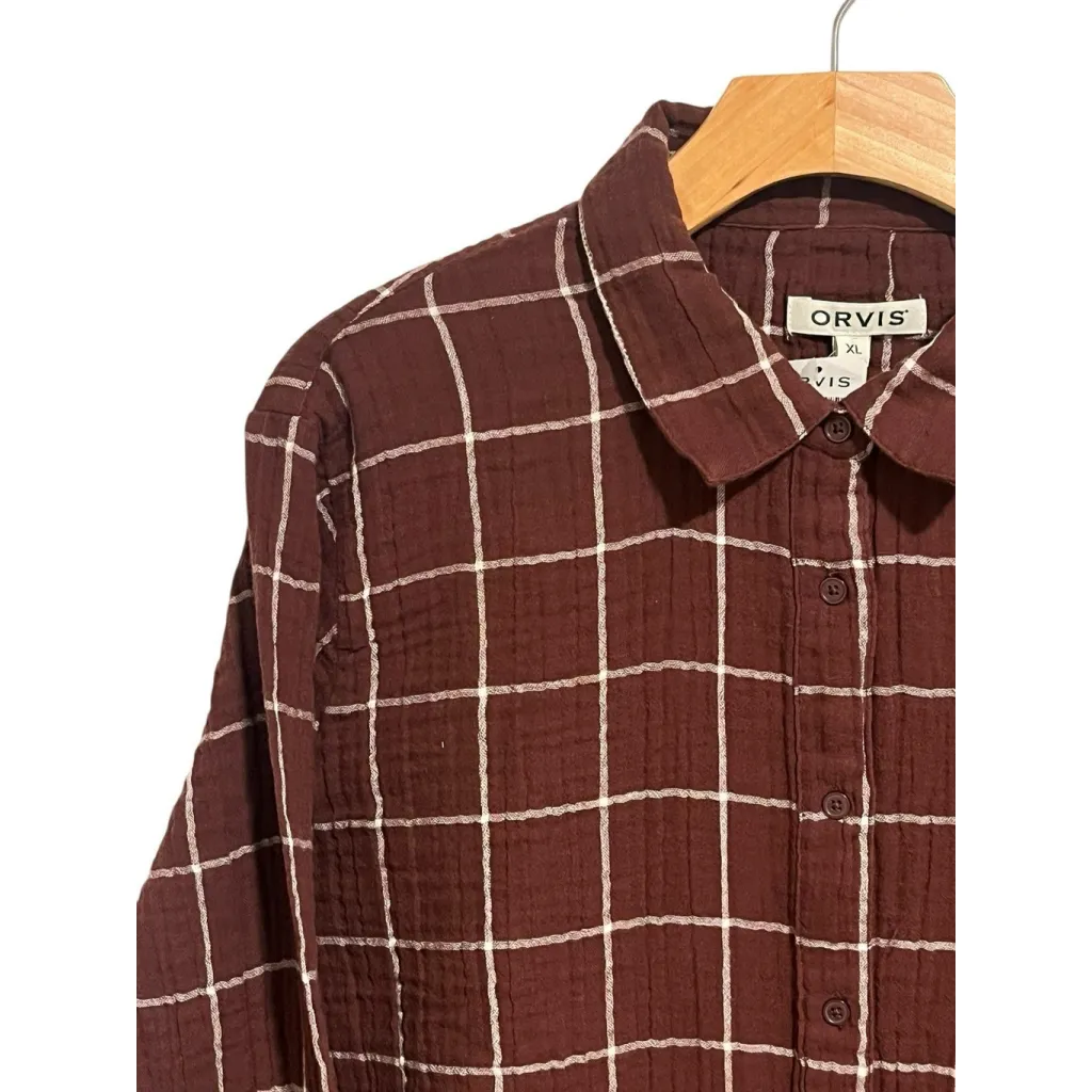 Orvis Every Season Gauze Plaid Shirt Womens XL Brown White Plaid Long Sleeve NWT - Image 2