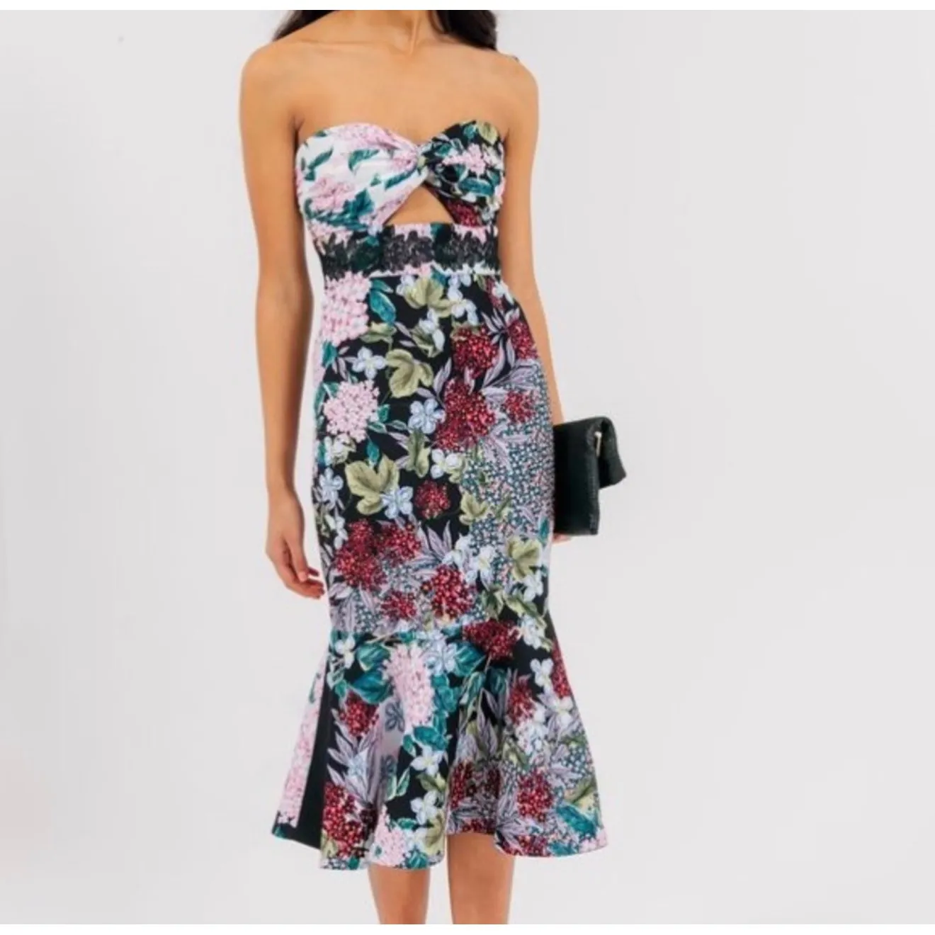 Keepsake Floral Print Strapless Sweetheart Neckline Cutout Midi Dress Size S Black - Image 3