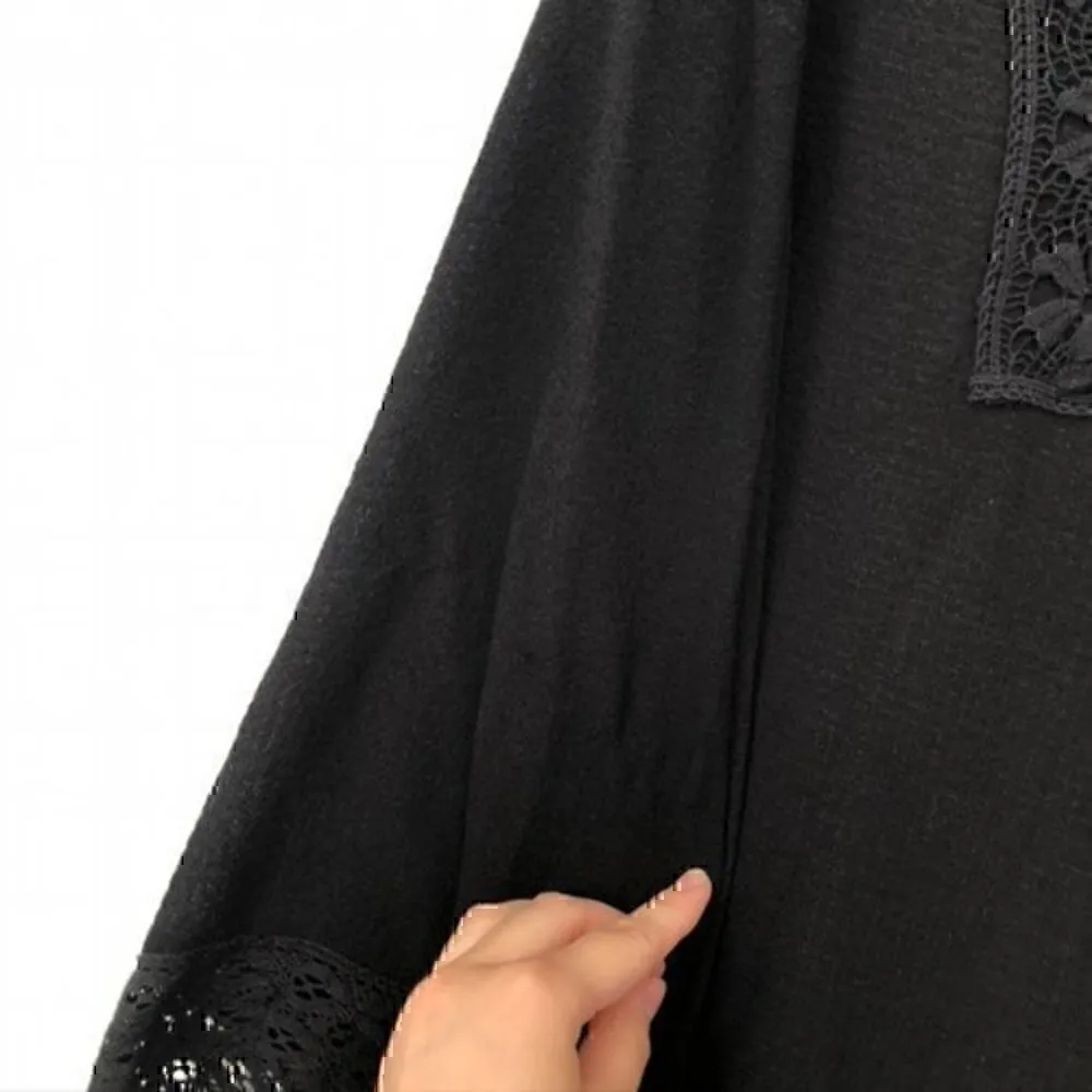 MAX STUDIO Solid Black Crochet Lace Flare / Bell Sleeve Boho Shift Dress Small - Image 6