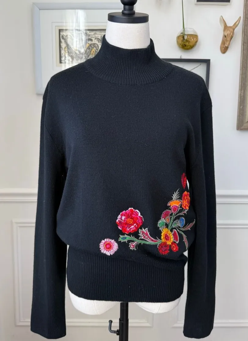 Bogner Black Mock Neck Colorful Embroidered Flowers Ski Sweater Wool Blend M Size M - Image 1