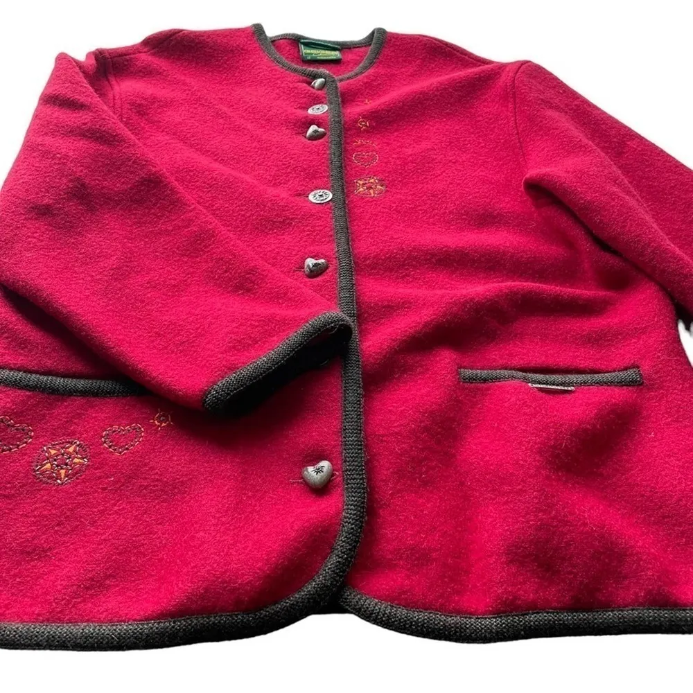 GEIGER of Austria Wool Sweater Jacket Cardigan Ruby Red Size Large Hearts Stars - Image 5