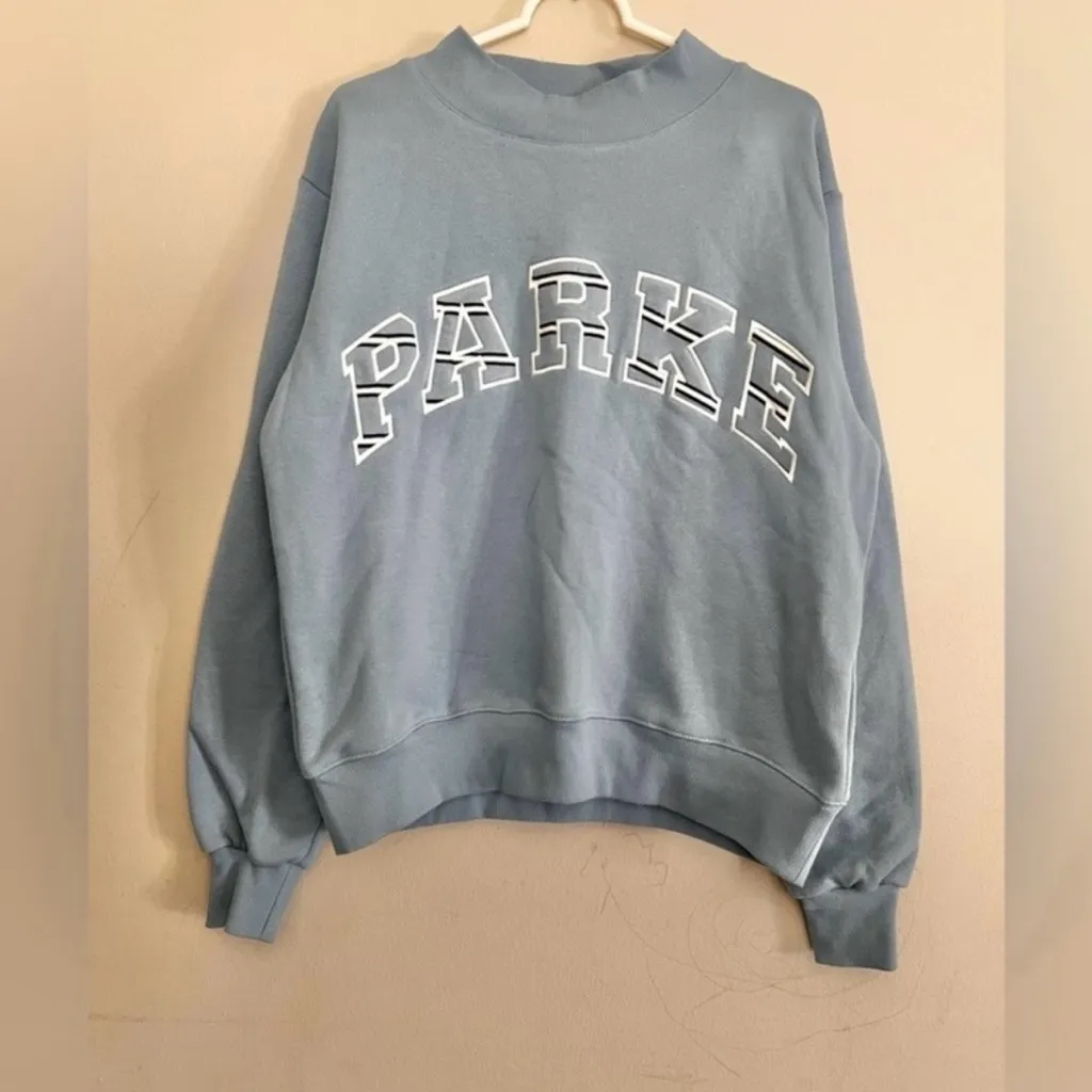 RARE Parke Maggie &Emma Heritage Varsity Mockneck Sweatshirt Sky Blue Size S/M - Image 3