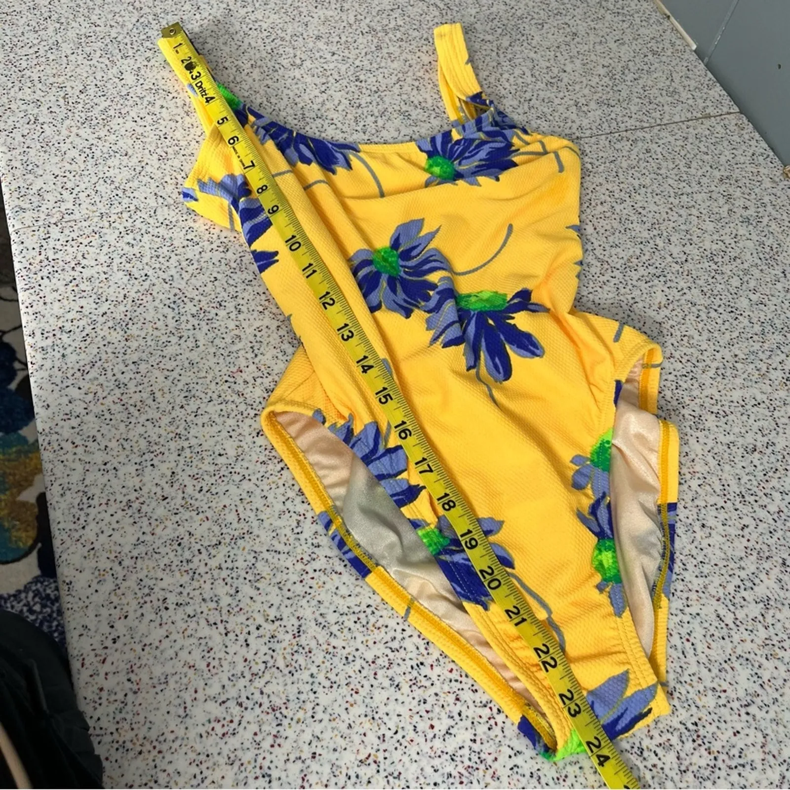 Vintage High Cut Leg 90s Y2K Floral One Piece Swimsuit La Plage Yellow Blue 10 - Image 7