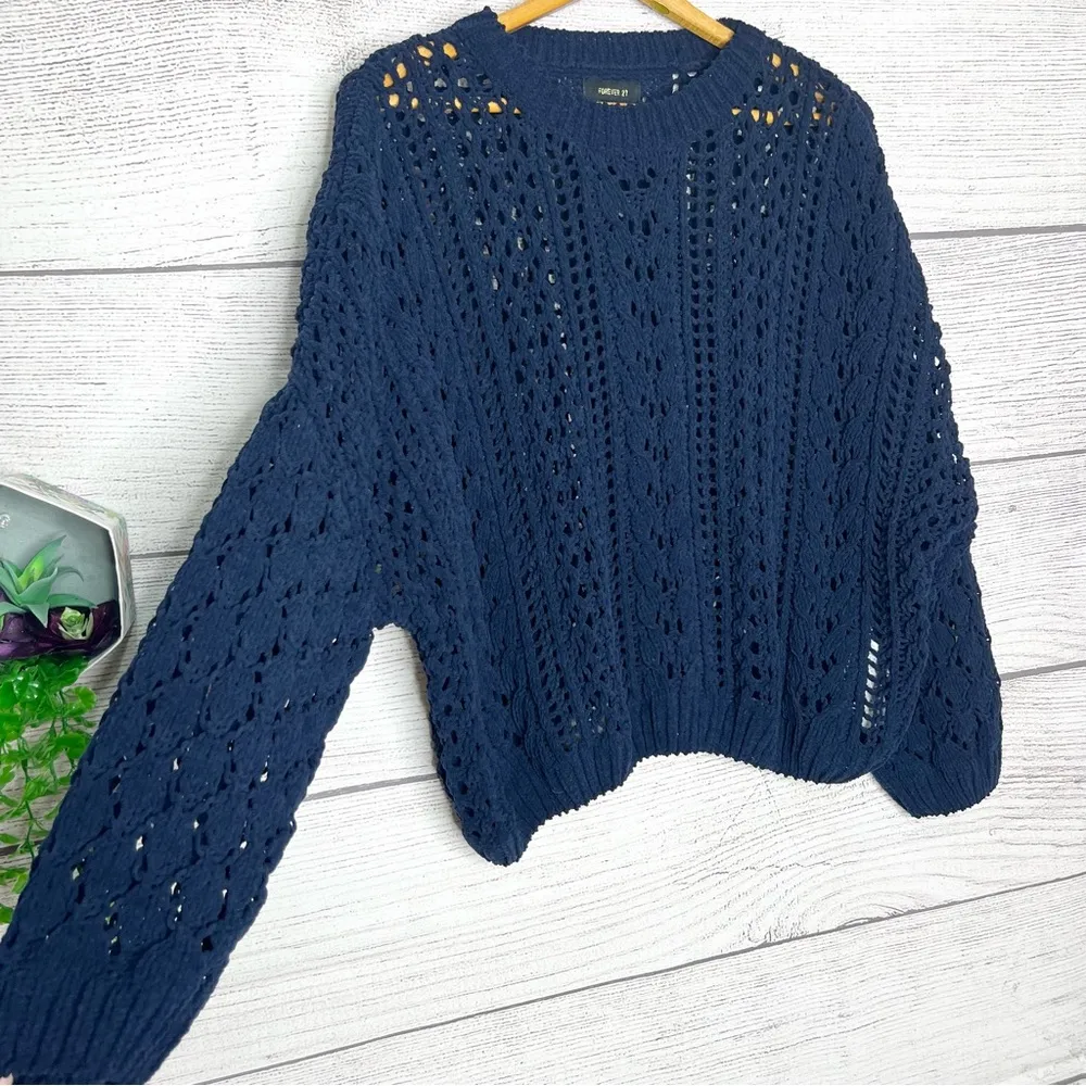 Forever 21 Navy Blue Chunky Open Knit Drop Shoulder Sweater Size Large - Image 3