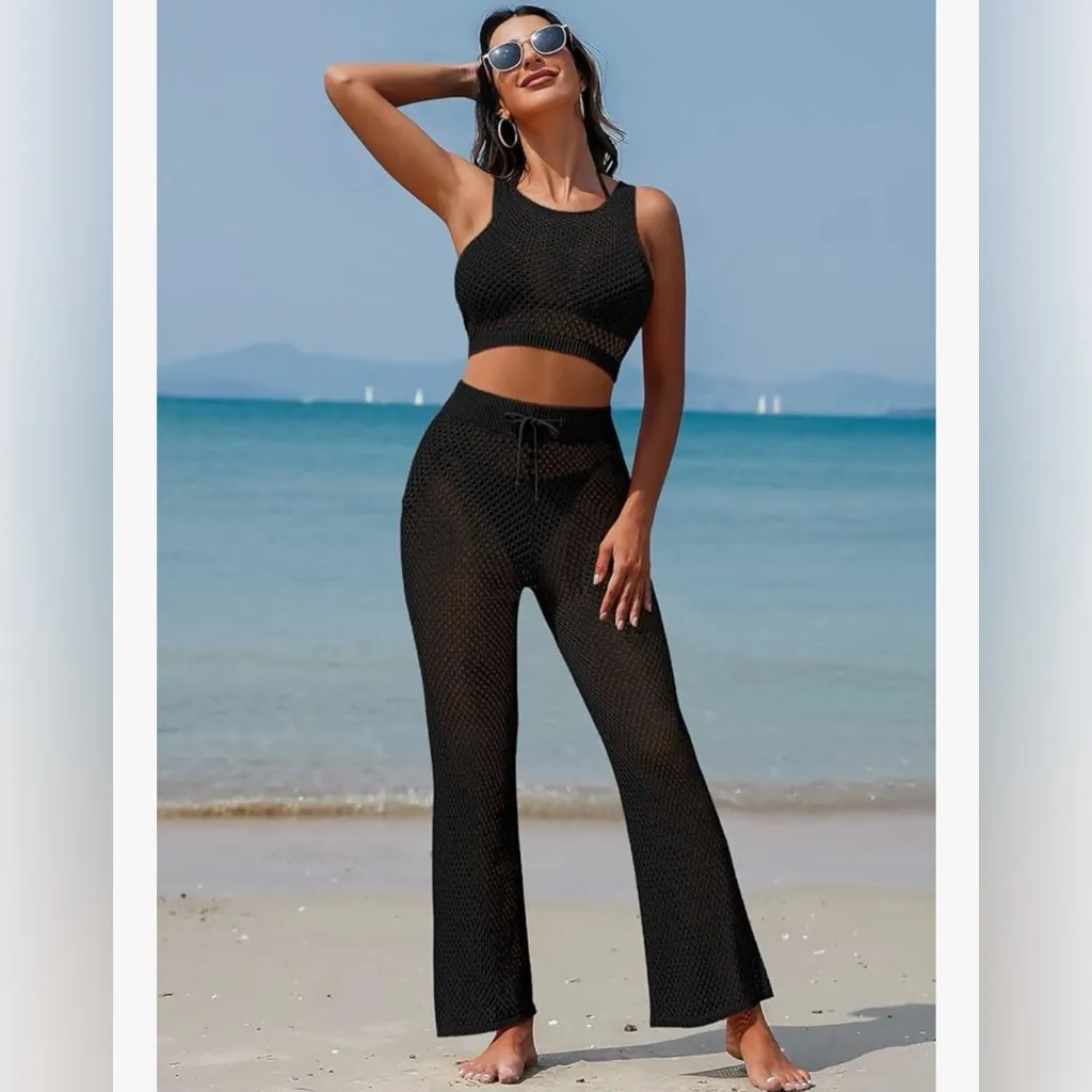 NEW Swimsuit Cover Up Set 2 Pc Crochet Sleeveless Crop Top Wide Leg Long Pants S Black - Image 5