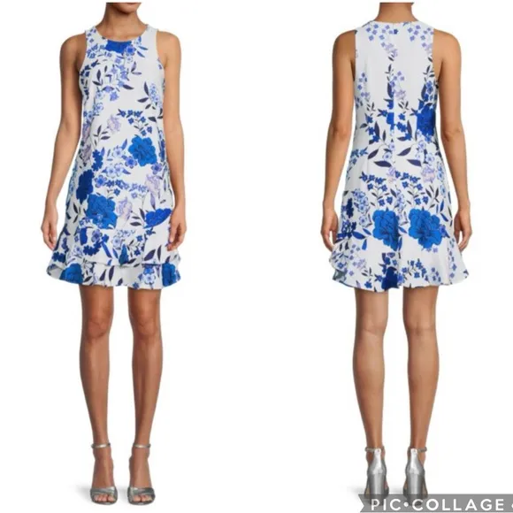 Eliza J A-Line Floral Ruffle Hem Mini Dress White Blue 4 - Image 2