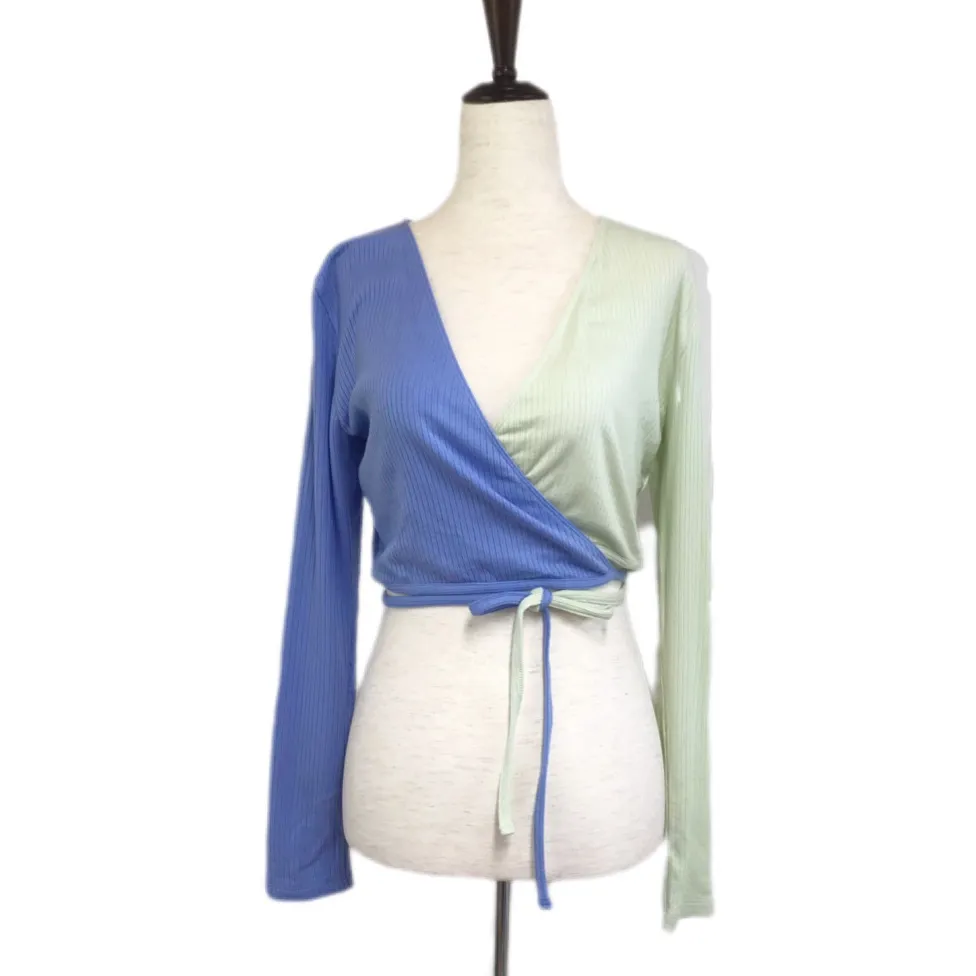 GIANNI‎ BINI Y2K Style Colorblock Wrap Crop Top Long Sleeve Blue Green Small New - Image 2