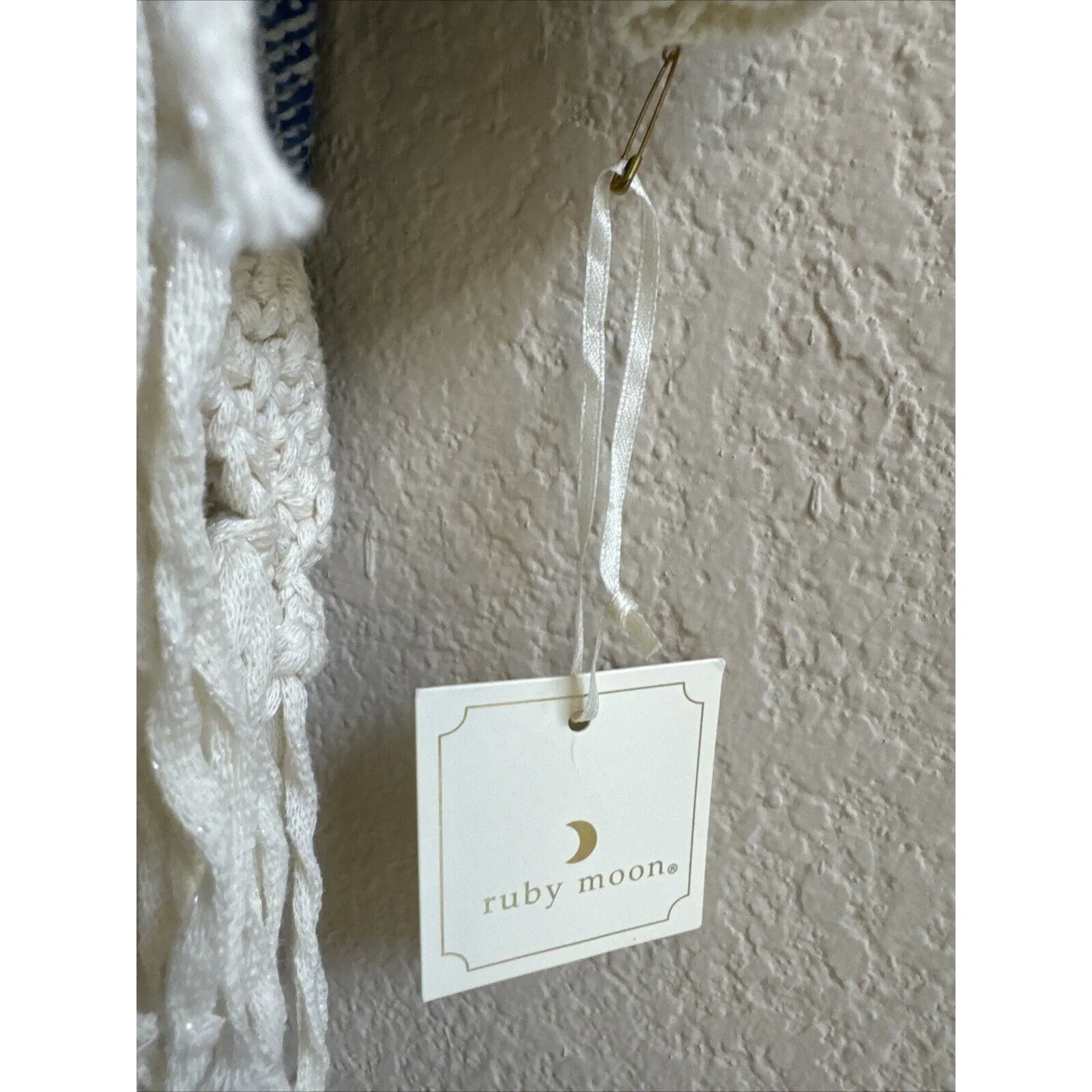 NEW Ruby Moon Ivory Blue Boho Crochet Fringe Cardigan Aztec Native American S - Image 4