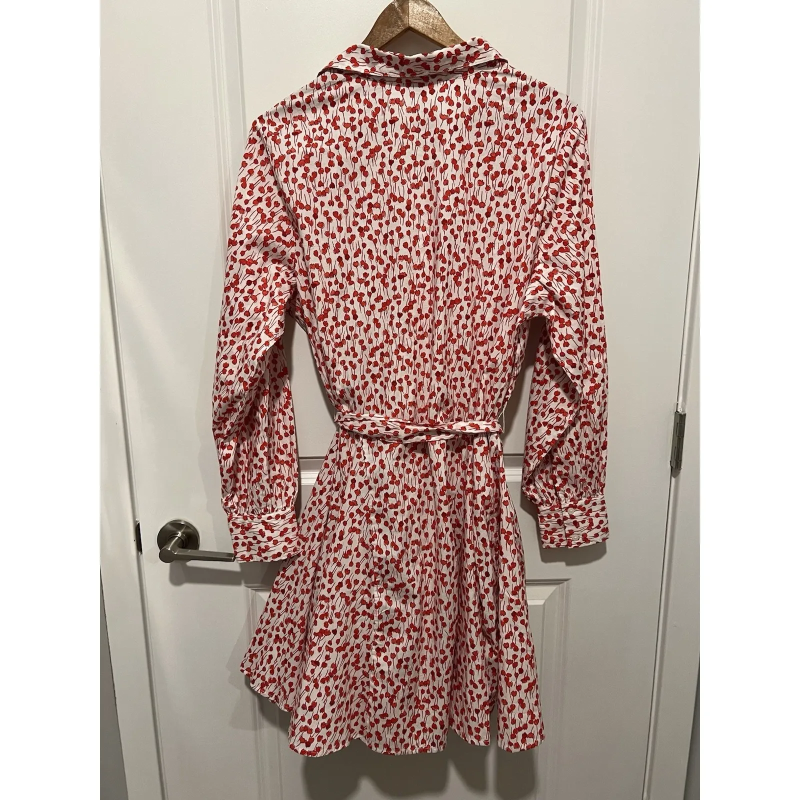 Lands End Womens Poplin Button Front Dress Godets White/Red Painted Posies XL - Image 5