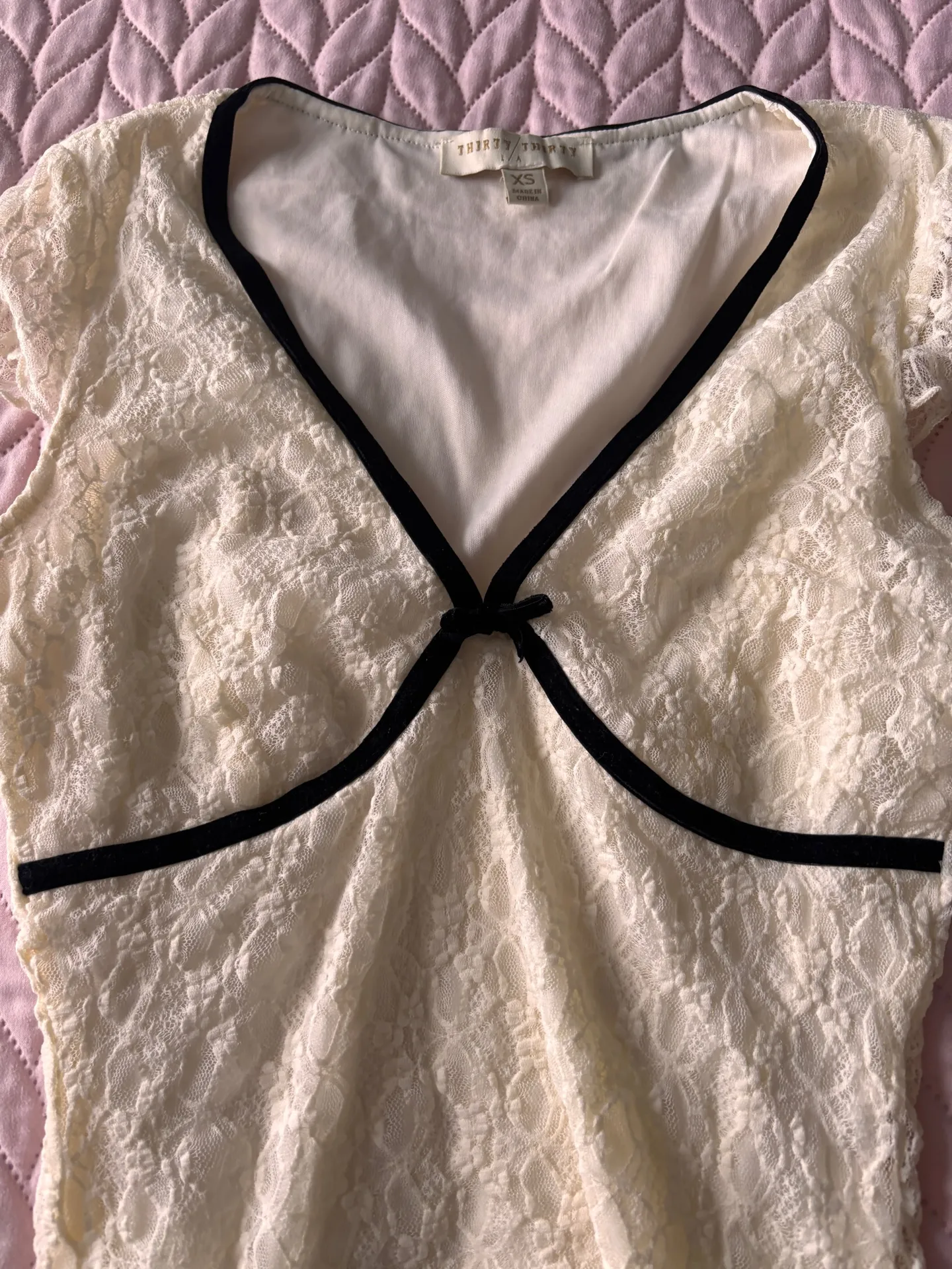 Thirty Thirty La Romantic Top Ivory Suede Black Trim Cottagecore Croquette XS White - Image 3