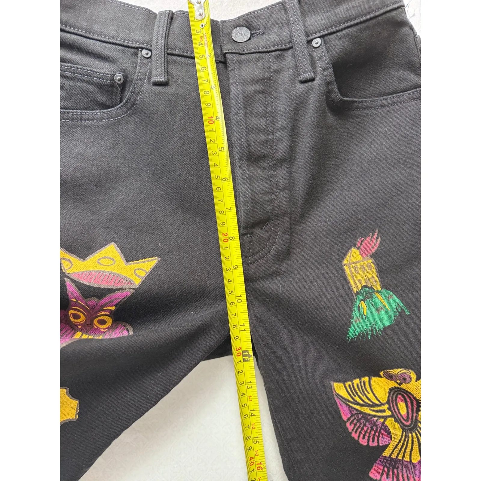 MOTHER Black Embroidered Denim‎ Jeans Owl Cat Pyramid Egyptian Motif High Rise Size 26 - Image 7