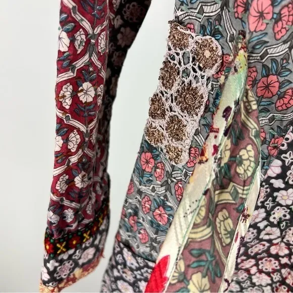 AnaMika Khanna Boho Patchwork Floral Tunic Dress Belted Long Sleeve India Red Size M - Image 4
