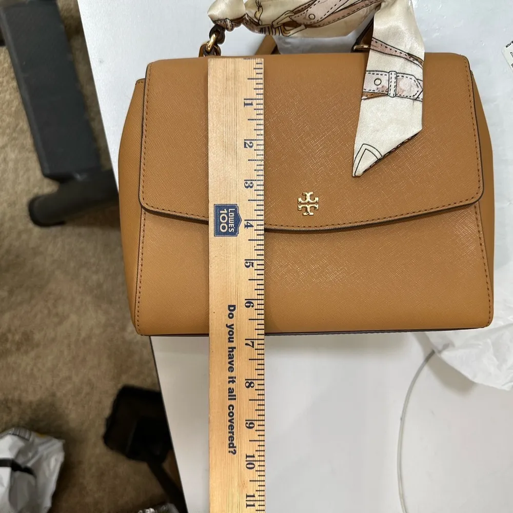 Tory Burch Tan Leather Flap Top Handle Crossbody Handbag Purse - Image 10