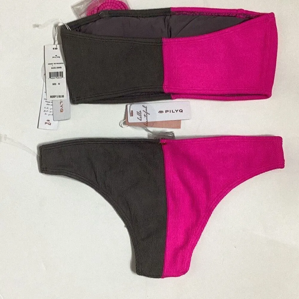 New. Pilyq teeny pink and gray bikini set. M/L. Retails $178 - Image 5