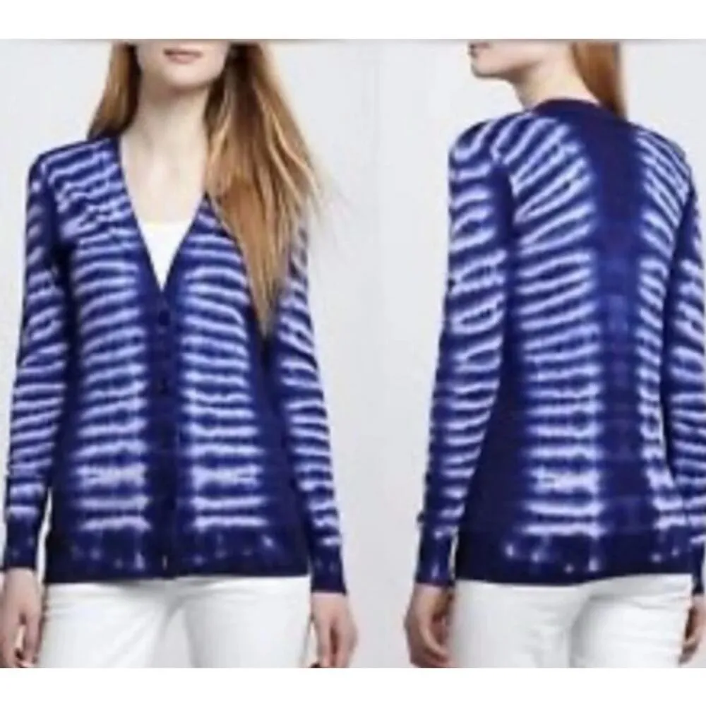 Tory Burch Blue Stripe Tiger Tie Dye Combo Pat Cardigan Small Preppy Coastal - Image 10