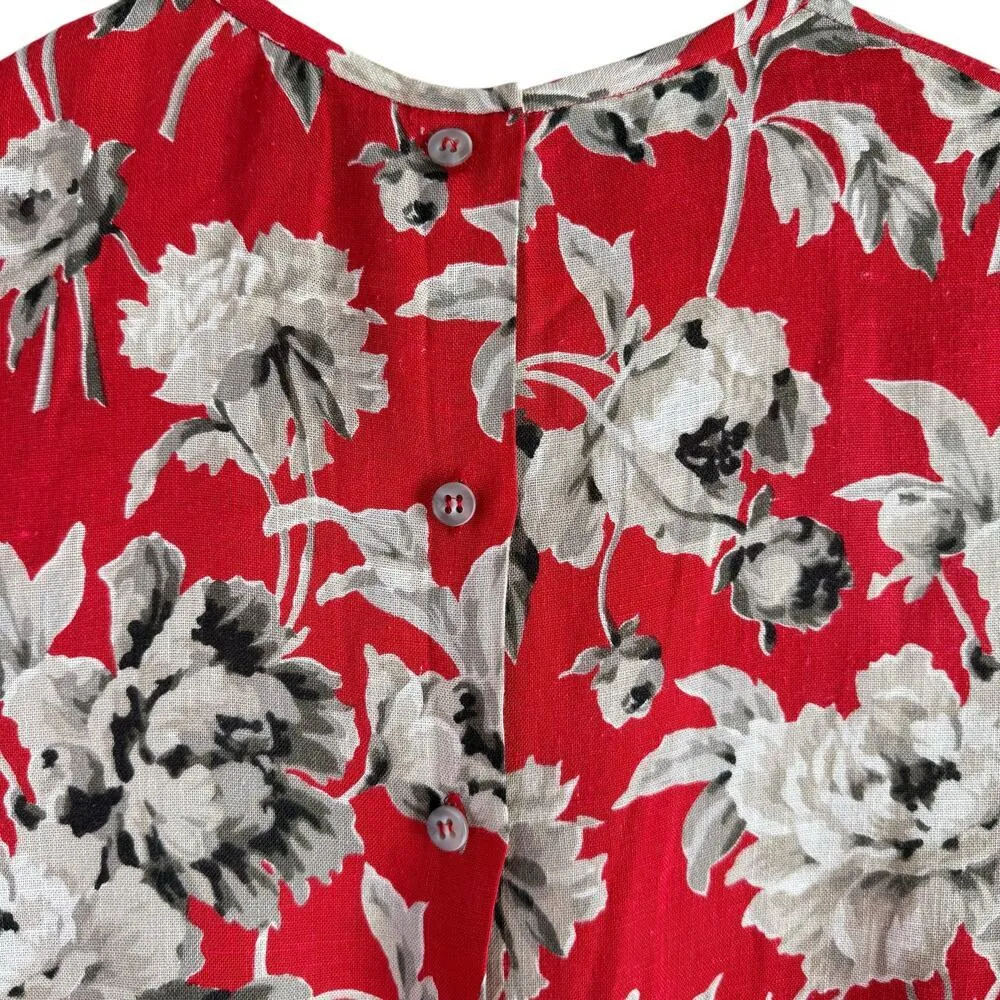 Vintage 80s Attaché Herman Geist Linen Red Floral Blouse Button Back Crewneck, 8 - Image 8