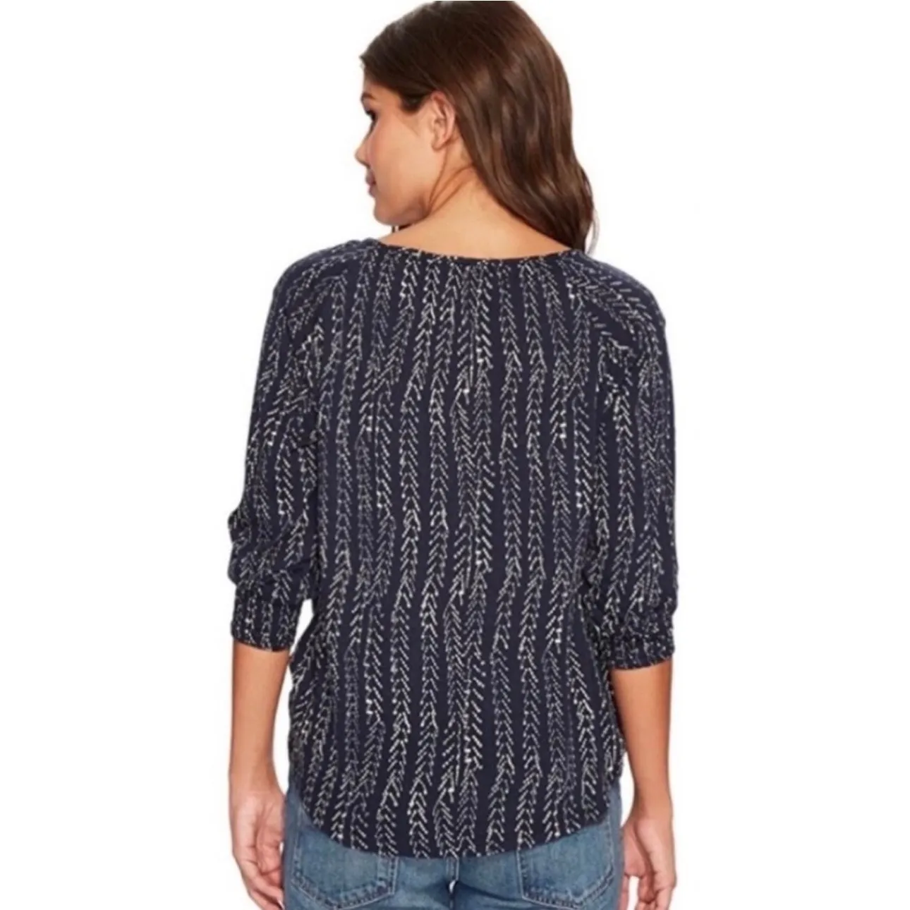 Lucky Brand Womens Smocked Cotton Blouse in Navy and White Sz L |‎ Boho Neutral - Image 16