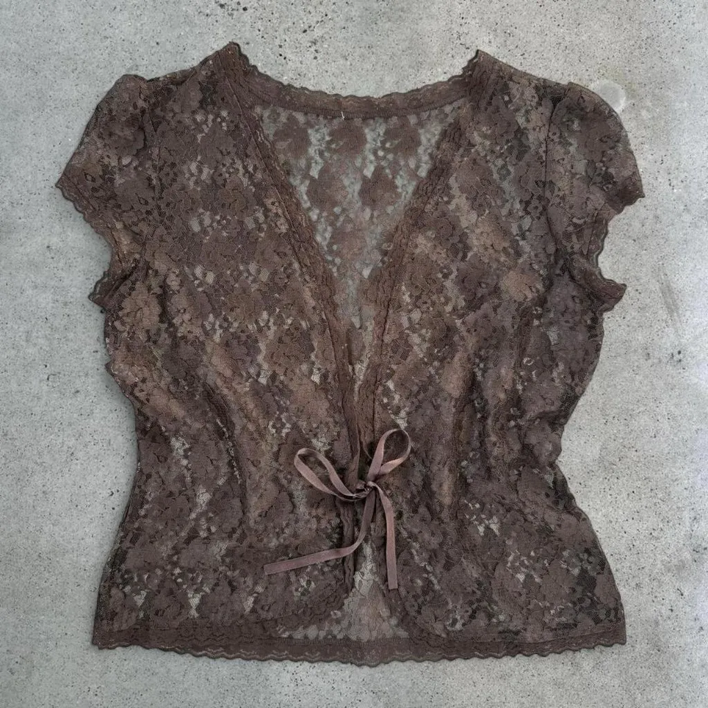 Brown sheer lace tie front top // plus size Size XXL - Image 2