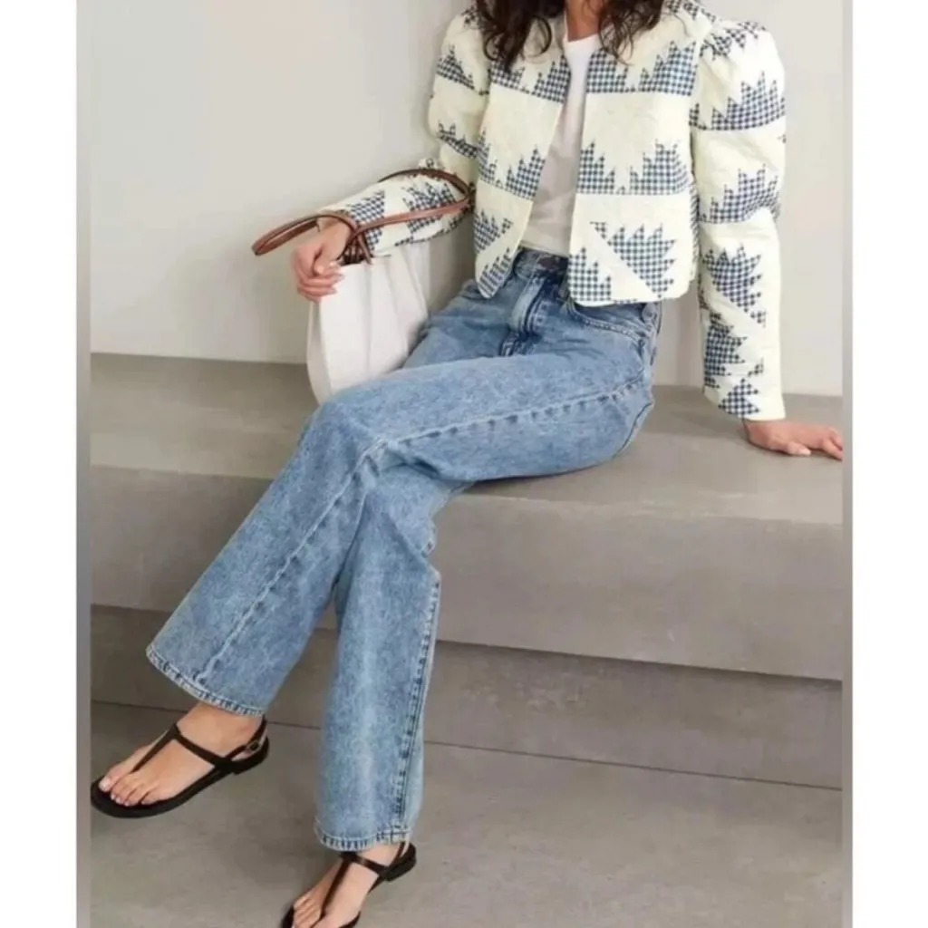 Caroline Constas Quilted Jacket Blazer Gingham Blue Linen Blend - Image 4