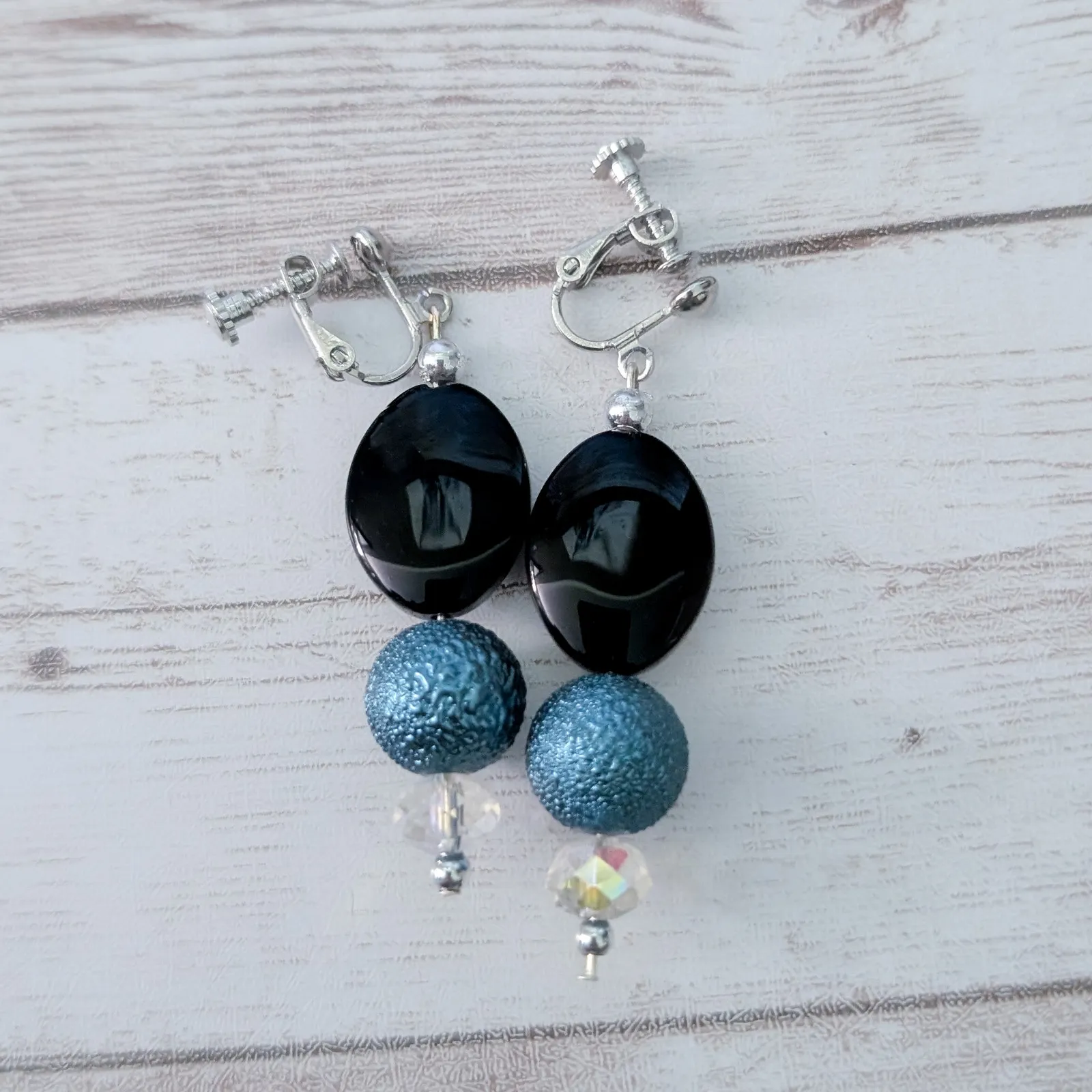 Vintage Clip On Earrings Statement Black, Blue, Clear 2.25" Dangle Black - Image 6