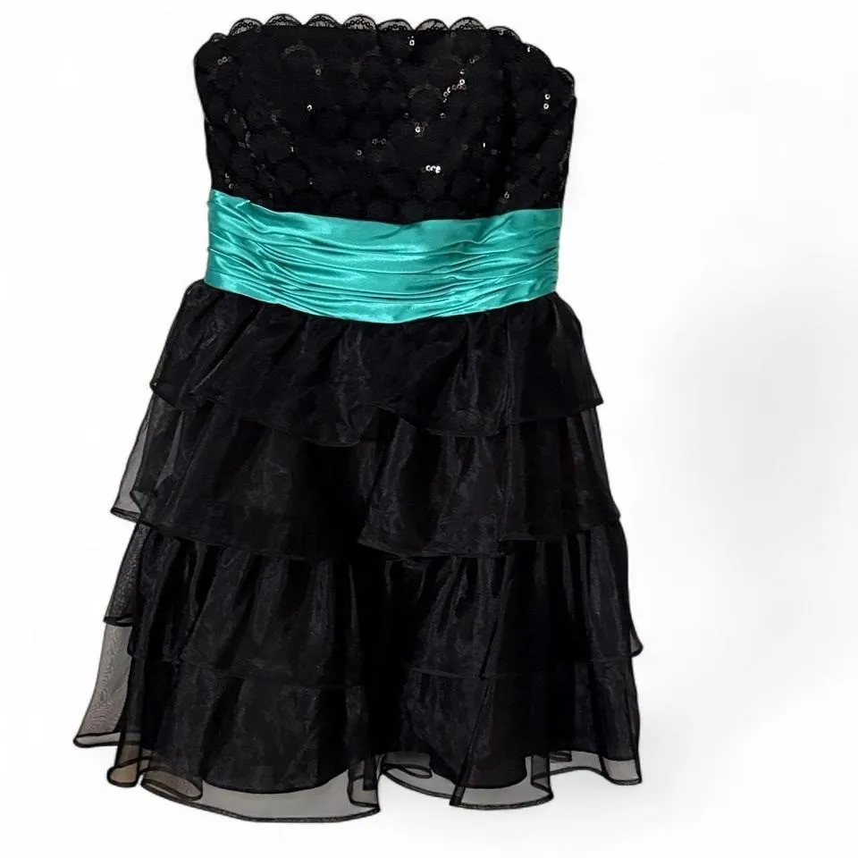 David's Bridal Black Teal Strapless Tiered Ruffle Sequin Dress Size 12 - Image 6