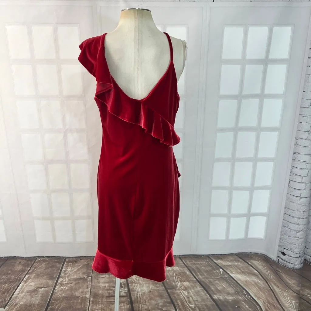 Express Diva Red Velvet Ruffle Hi-Low Hem V-neck Party Mini Dress Large - Image 5