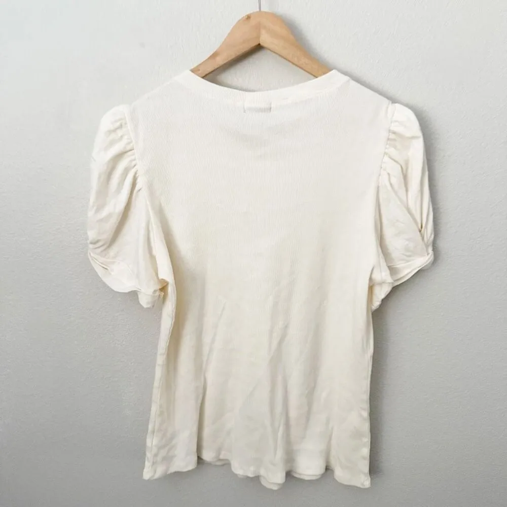 VINCE CAMUTO | Ribbed Texture Knit Gathered Short Puff Sleeve Blouse Ivory | XL - Image 7