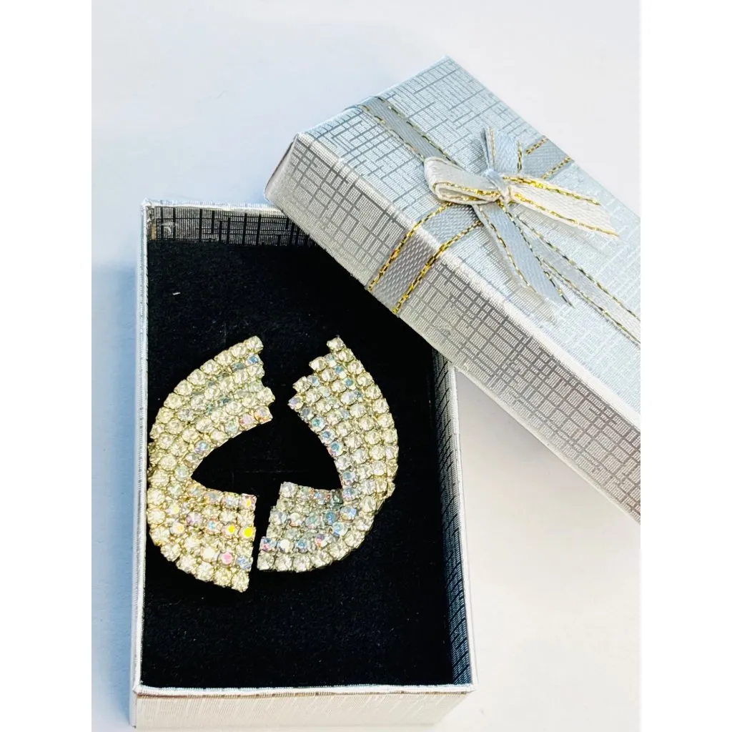 Vintage Rhinestone Statement Earrings Silver Tone Fan Shape Clip - Image 7