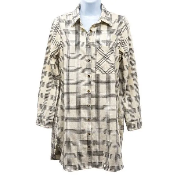 Entro Oversized Plaid Print Long Sleeve Shirt Dress Button Front Chest Pocket - Image 4