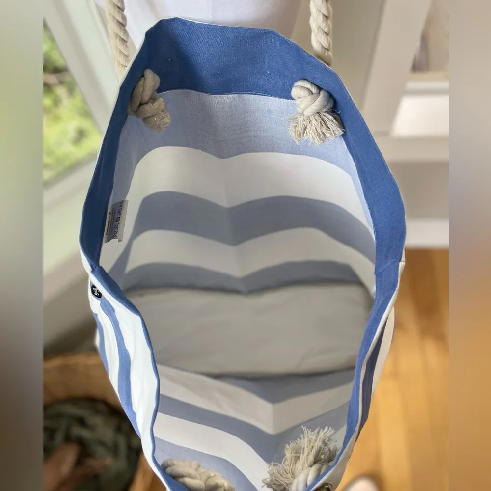 Dwell Studio Coastal Blue White Stripe Large Tote Bag Rope Handles Fisherman - Image 5