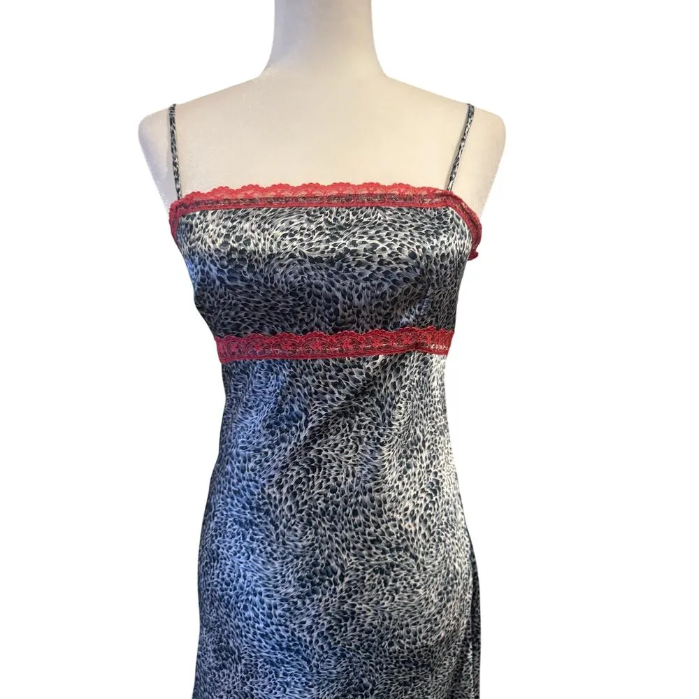 Blue Leopard Print Slip Dress w/ Pink Lace Trim Y2K Aesthetic 90s Lingerie Style - Image 5