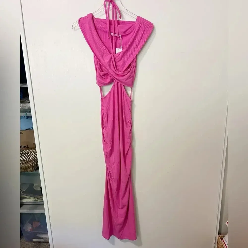 JONATHAN SIMKHAI NWT Akane Shaping Rib Off Shoulder Cutout Halter Tie Dr…‎ Pink - Image 5