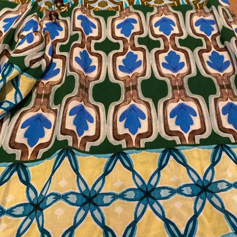 ZARA Wide Leg High Waisted Flowy Bohemian Geometric Pants Blue Aqua Sz Medium - Image 3