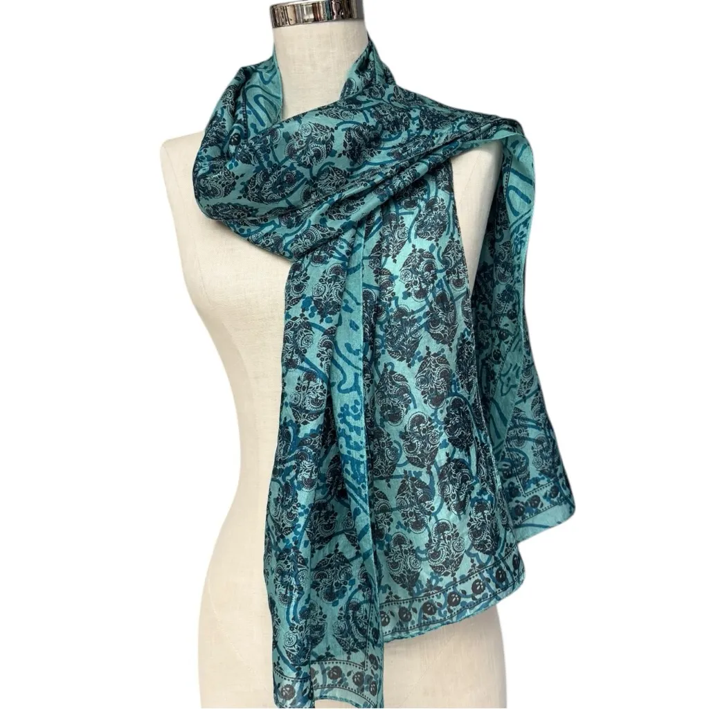 Vintage Pure Silk Crepe Batik Print Scarves Set of 2 Teal Blue Animals Paisley - Image 7