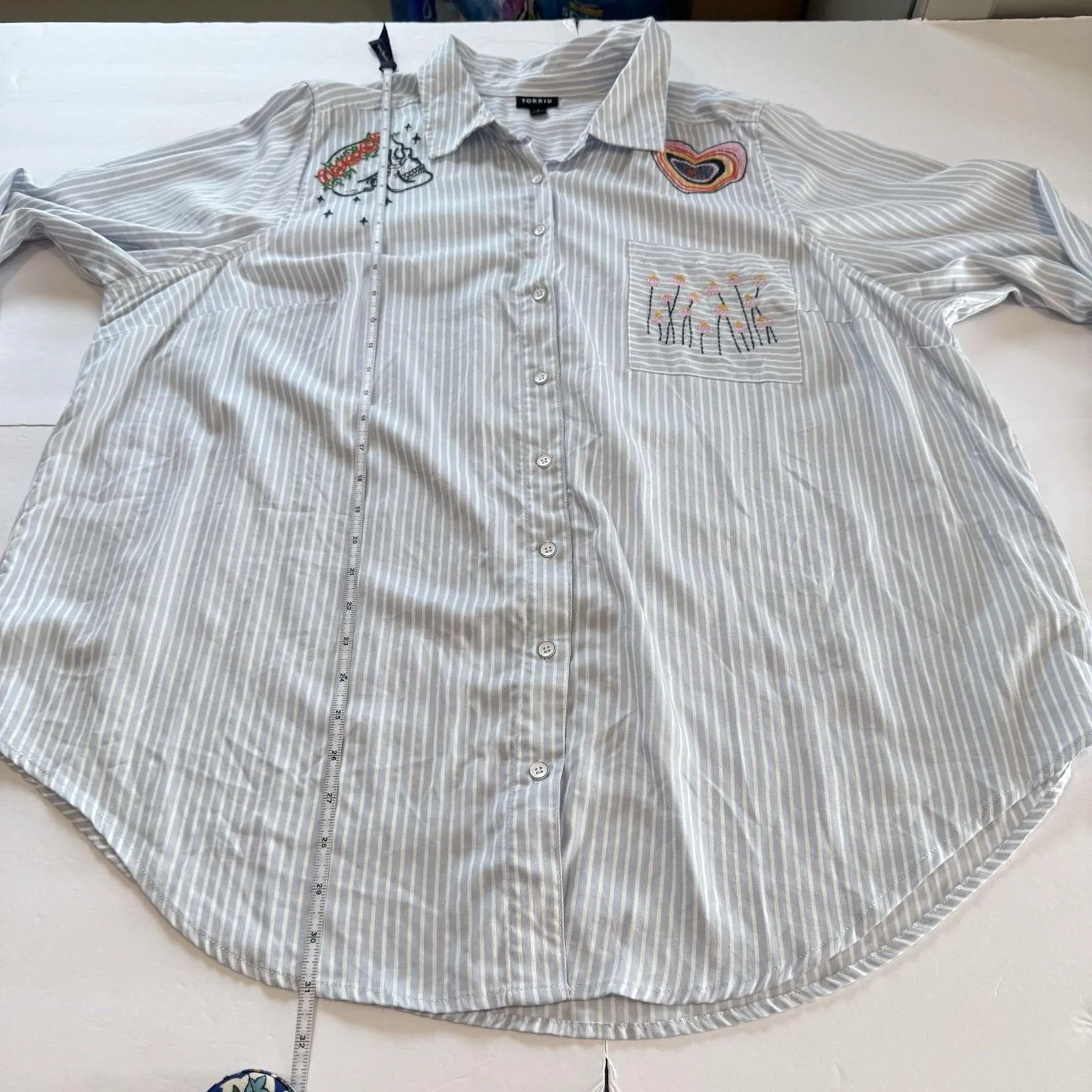 Torrid Lizzie Blue Striped Embroidered Twill Button Up Long Sleeve Shirt Size 2X - Image 13