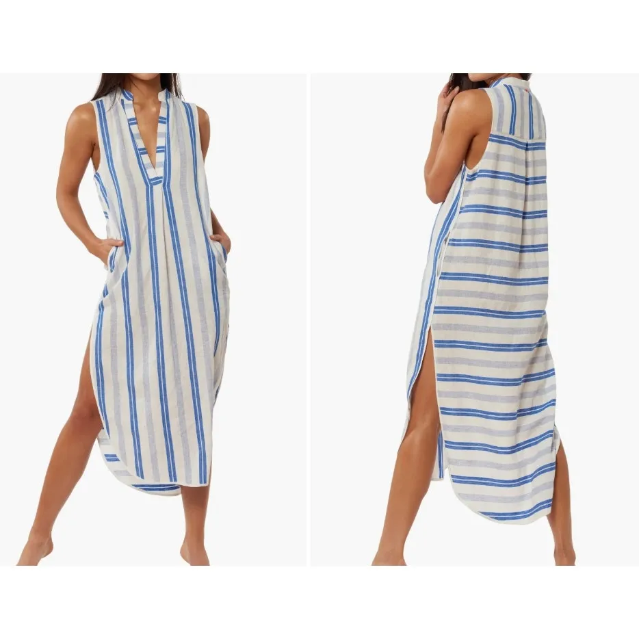 Red Carter Avi linen blend stripe Maxi Cover Up Dress M size 8 - Image 2