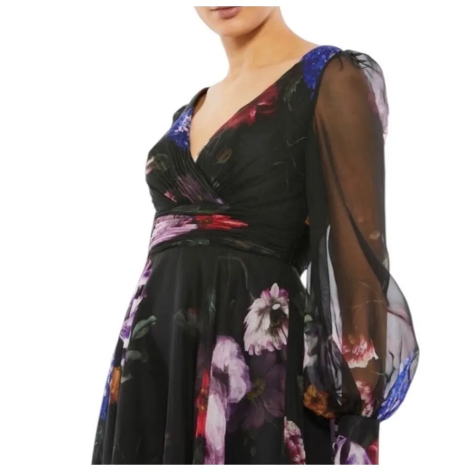 NWT  Mac‎ Duggal 67872
Black Chiffon Bishop
Sleeve Floral Print Gown Sz 4
$598 - Image 2