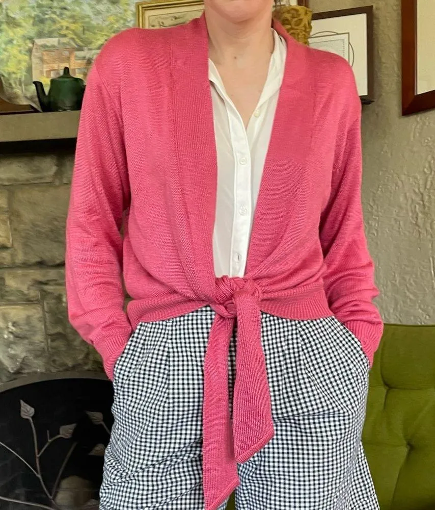 Vintage 80s Barbie pink hand loomed cardigan that ties layering Size M - Image 2