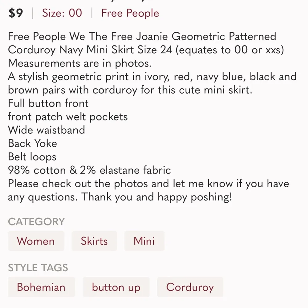 Free people We The Free Joanie corduroy navy mini skirt size 24 = 00 or XXS - Image 14