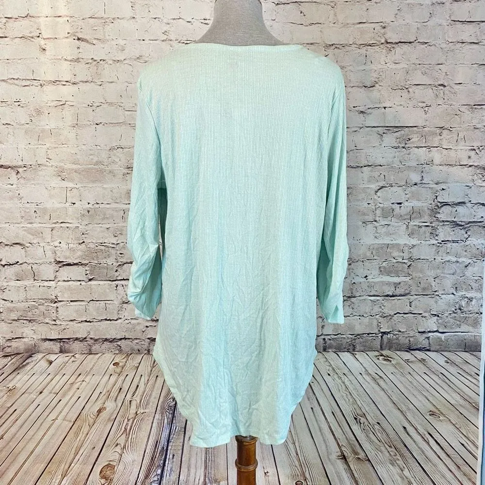 Como Vintage Womens Blouse Top Roll Tab Sleeve Button Stretch Mint Green Size XL - Image 5