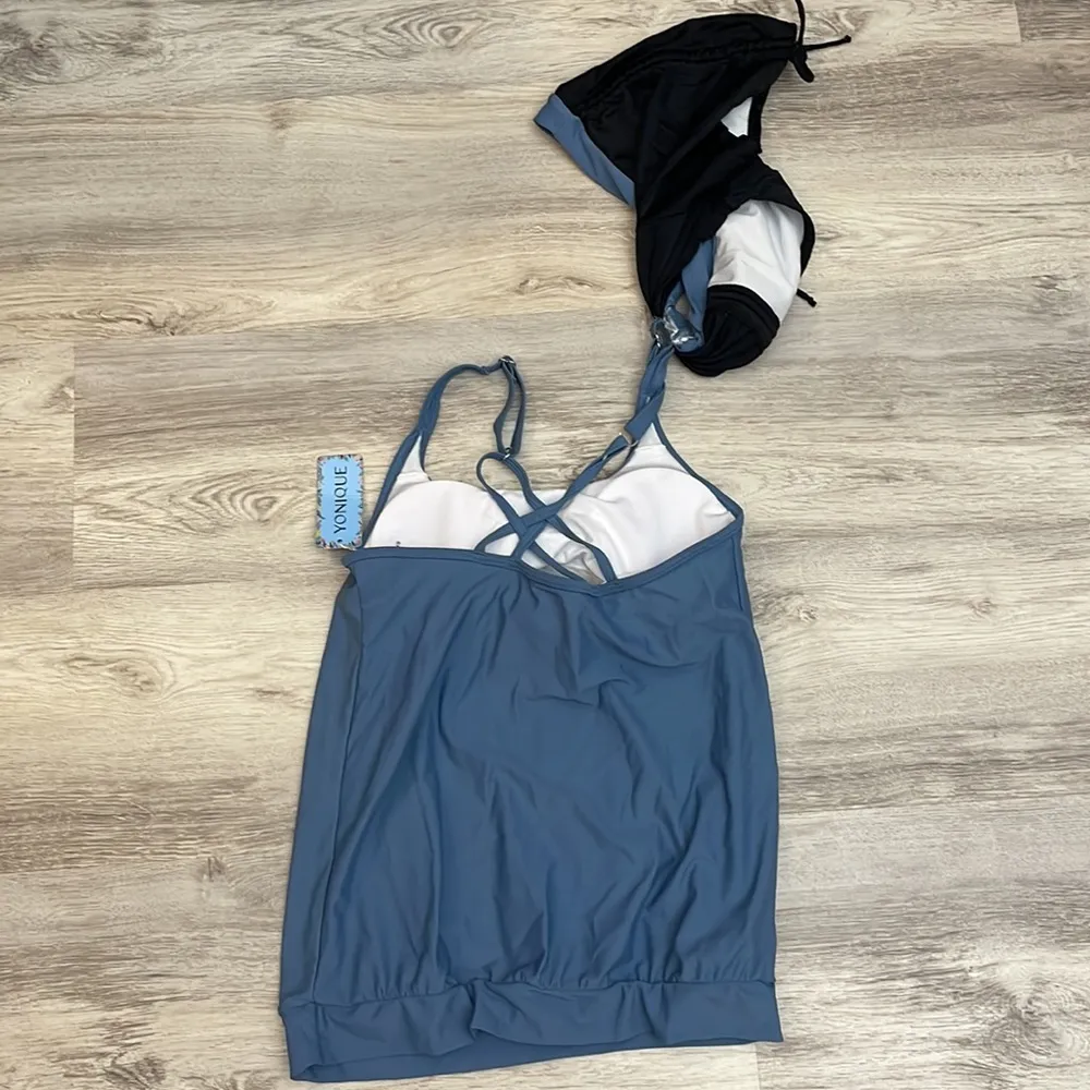 Yonique Blue & Black Tankini with Tie Ruched Side Boyshort Bottoms Size XS Multiple - Image 2