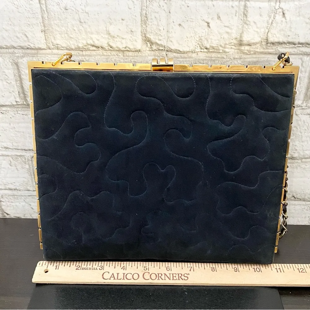 Vintage INDUSTRIA ARGENTINA Navy Midnight Blue Suede Clutch Quilted Chain Bag - Image 8