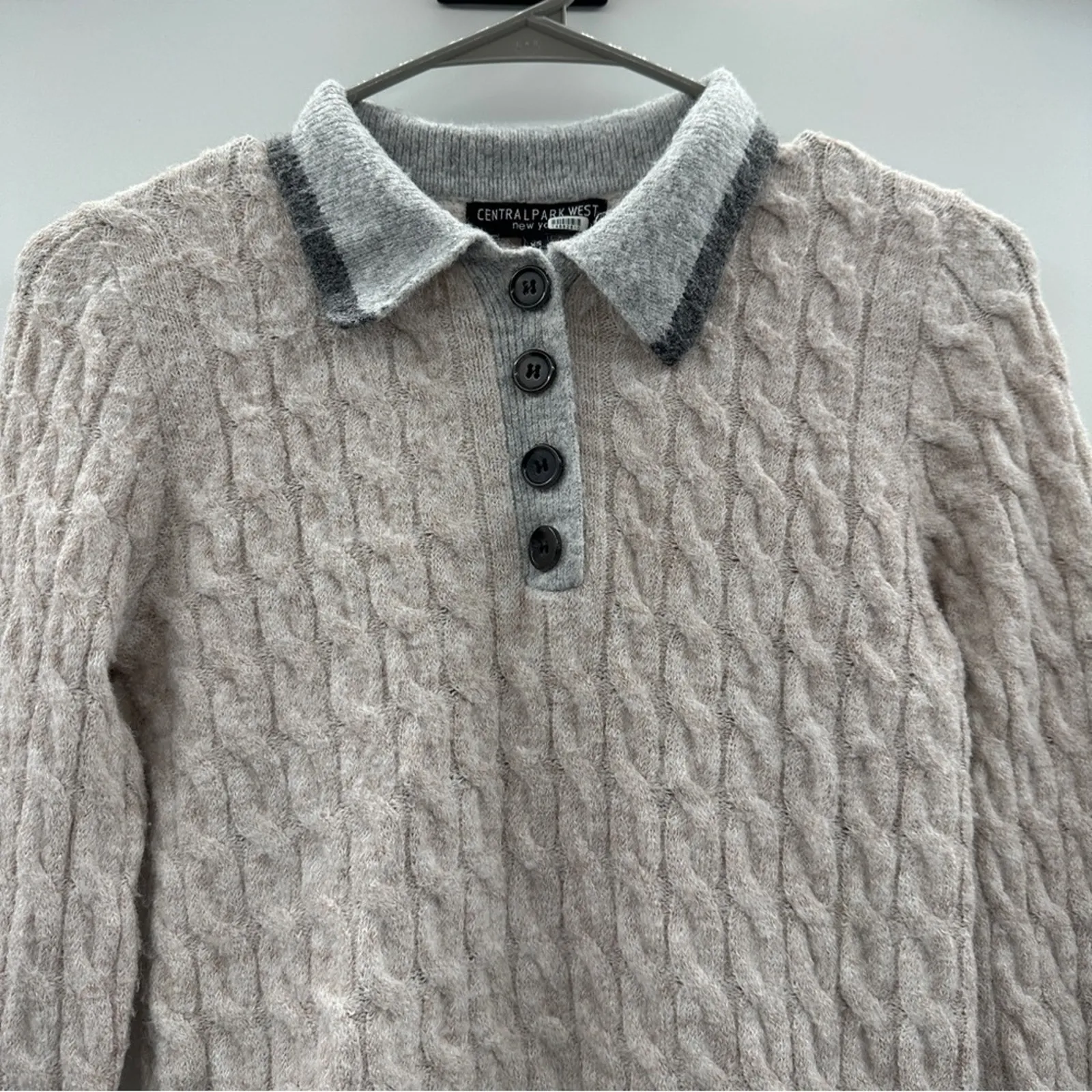 RTR Central Park West Bobbie Cream Long‎ Sleeve Cable Knit Polo Sweater Sz XS - Image 3