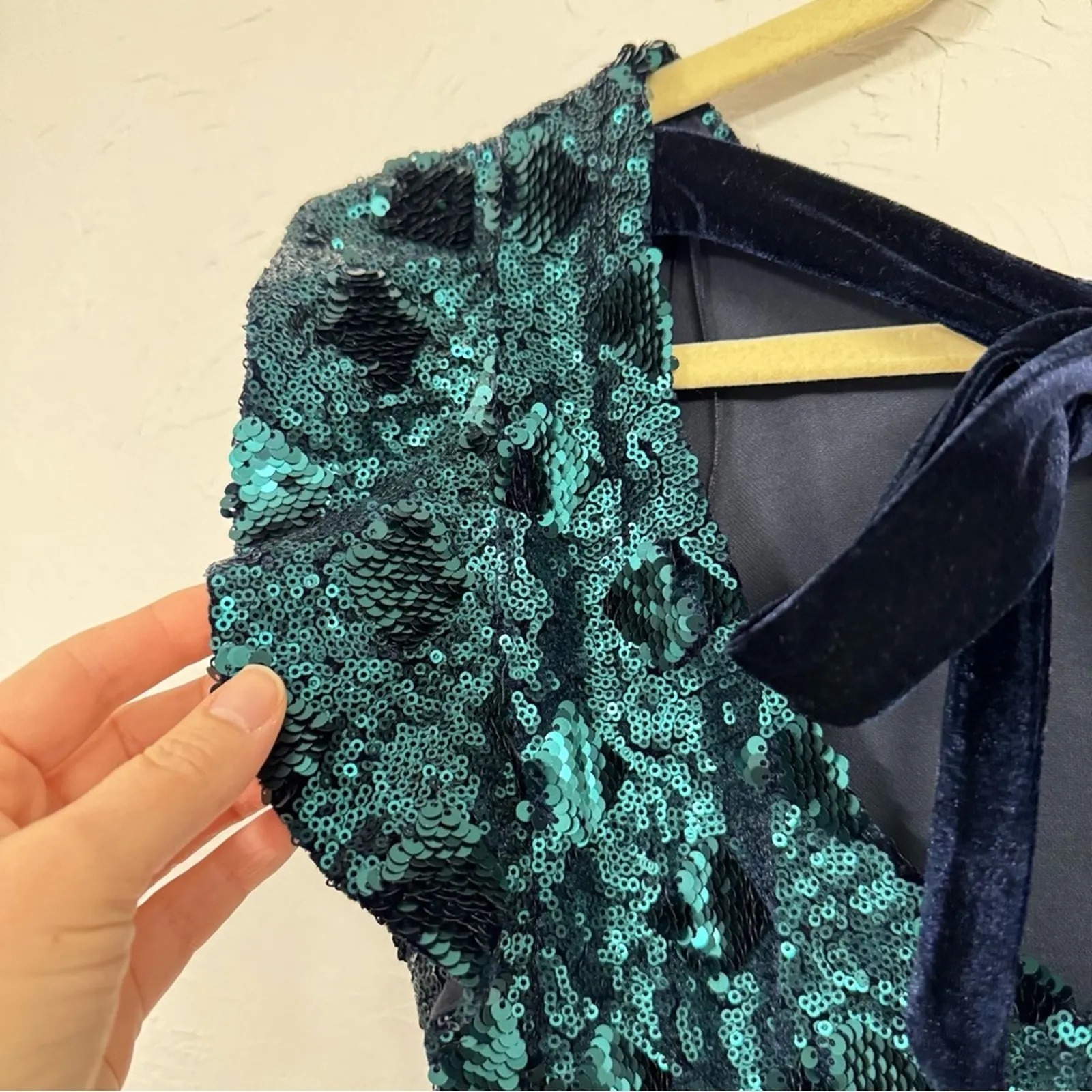 Zara Green Sequined Ruffled Sleeve Mini Dress Blogger Favorite XS Glam Party - Image 7