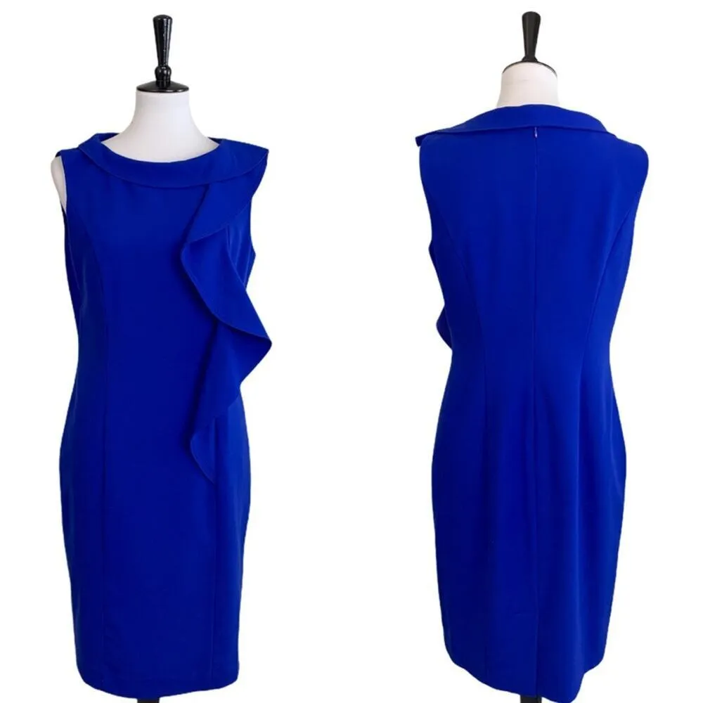 Calvin Klein Sheath Dress Ruffle Front Sleeveless Royal Blue Women's Size 8 - Image 14