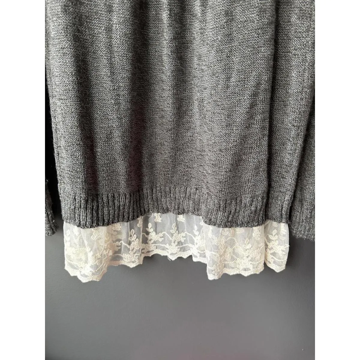 AB Studio Women's Gray Cardigan Sweater with Lace Trim, Size M - Image 8