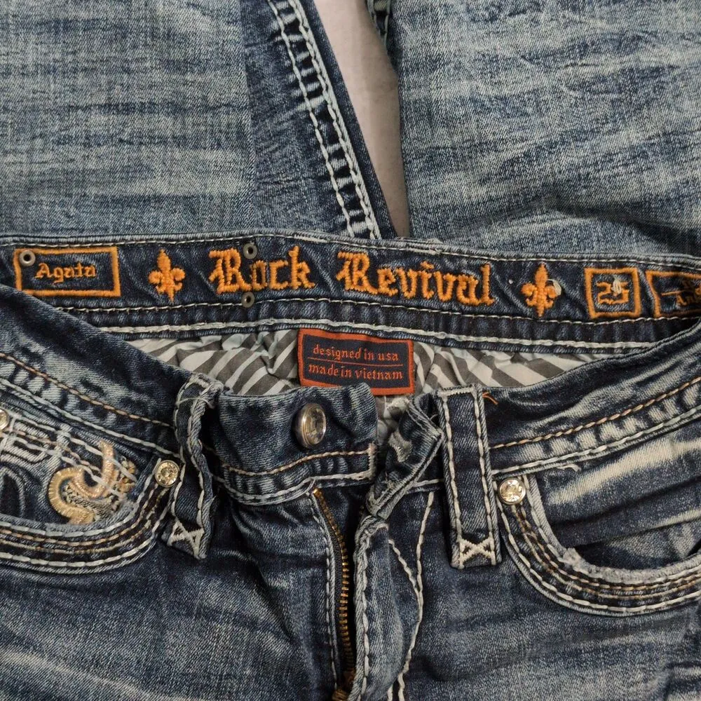 Rock Revival Blue Distressed Embroidered Rhinestone Agata Skinny Jeans Size 25 - Image 10
