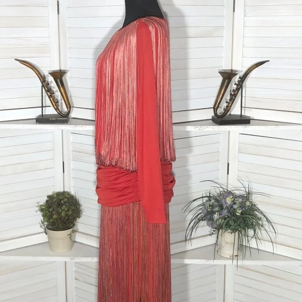 Vintage rare 70s Red Fringe 20s Flapper style elegant Cocktail Dress Sz L Size L - Image 5