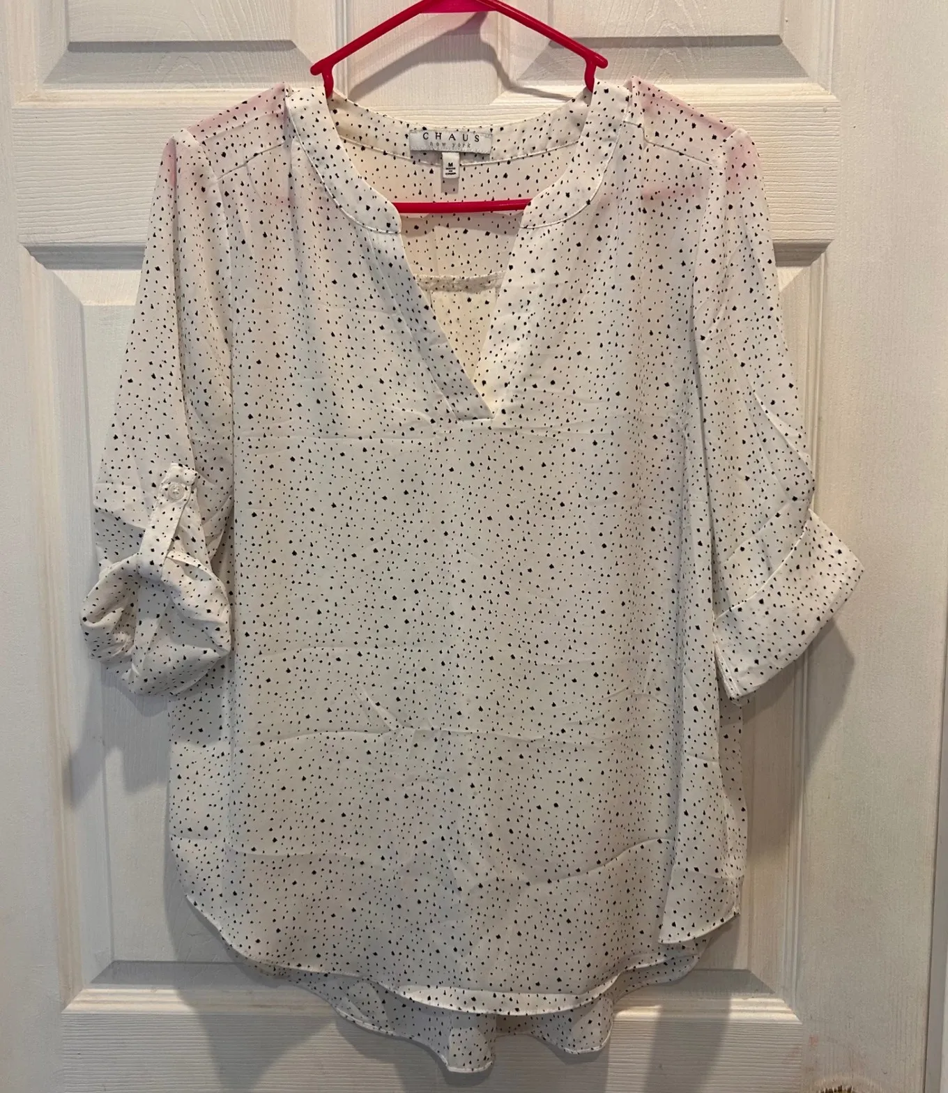 CHAUS New York Womens White Black Speckle Dot V Neck Roll Tab Sleeve Blouse Sz M - Image 1
