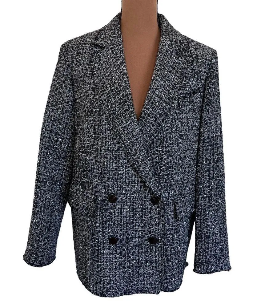 Theory  Piazza Noelle Double Breasted Tweed Blazer BLACK MULTI Size 10 - Image 4